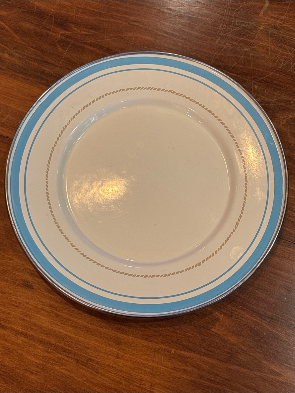 NWOT Target American Picnic Enamel Plate 11”White With Blue Trim Rope Metal NEW!